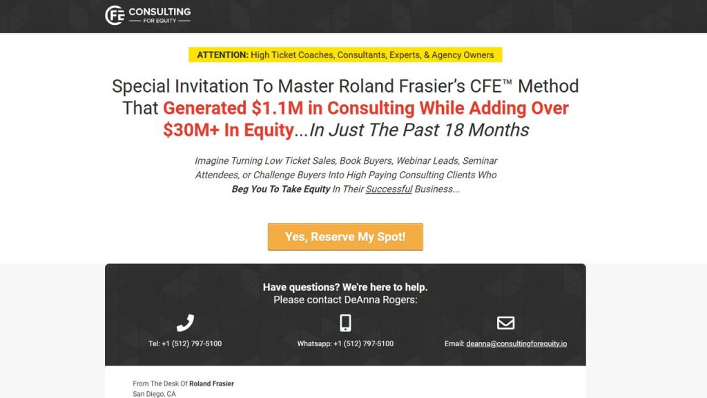 Roland Frasier – Consulting For Equity Masterclass